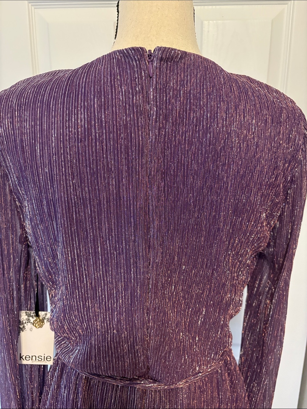 NWT Kensie Metallic Purple Long Sleeve Faux Wrap Midi Dress Size 10. - Picture 6 of 13